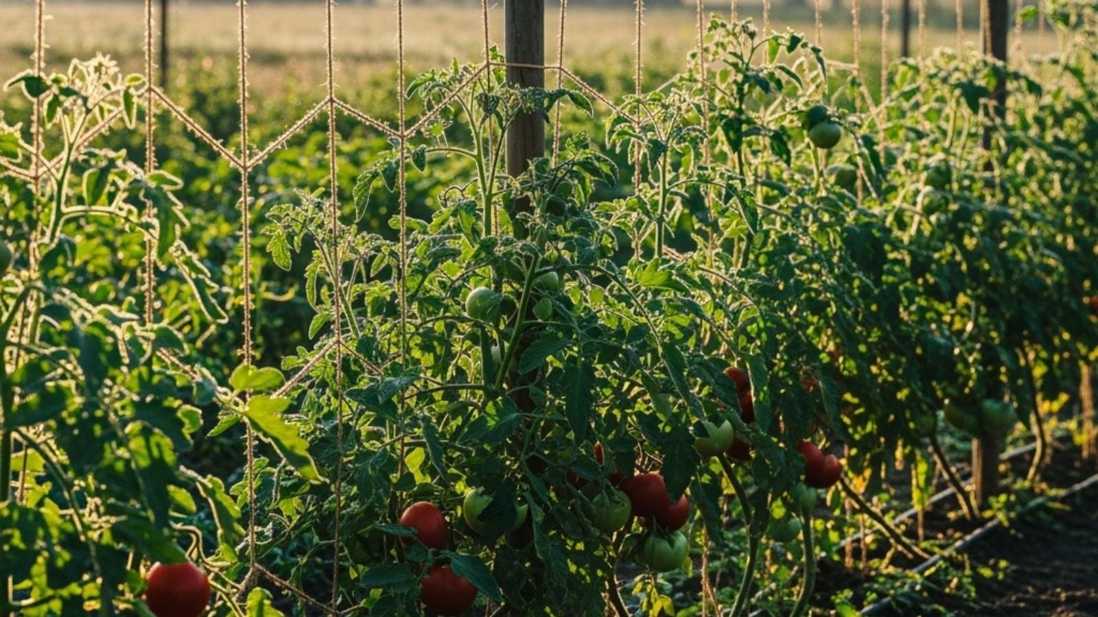 A close-up shot of a large composition of developing crops on a Florida Weave String variety of support structure
