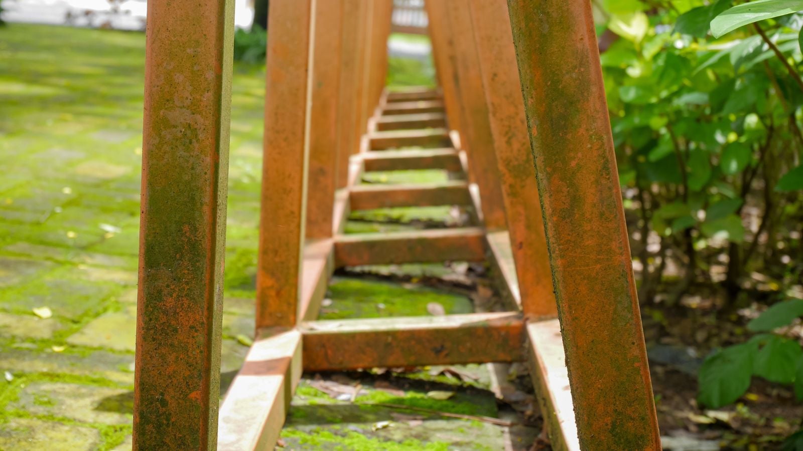 A structure made of reused pallet frame appearing aged with tints of green placed beside a garden bed