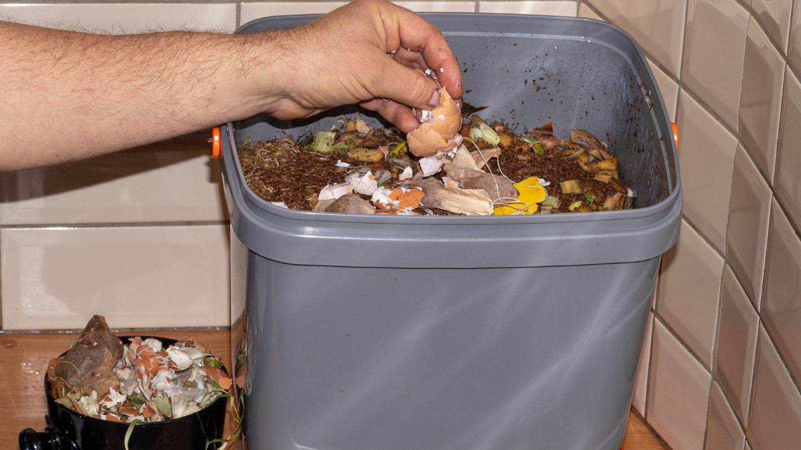 A close-up shot of a person in the process of filling a bucket of food waste, all situated in a well lit area indoors