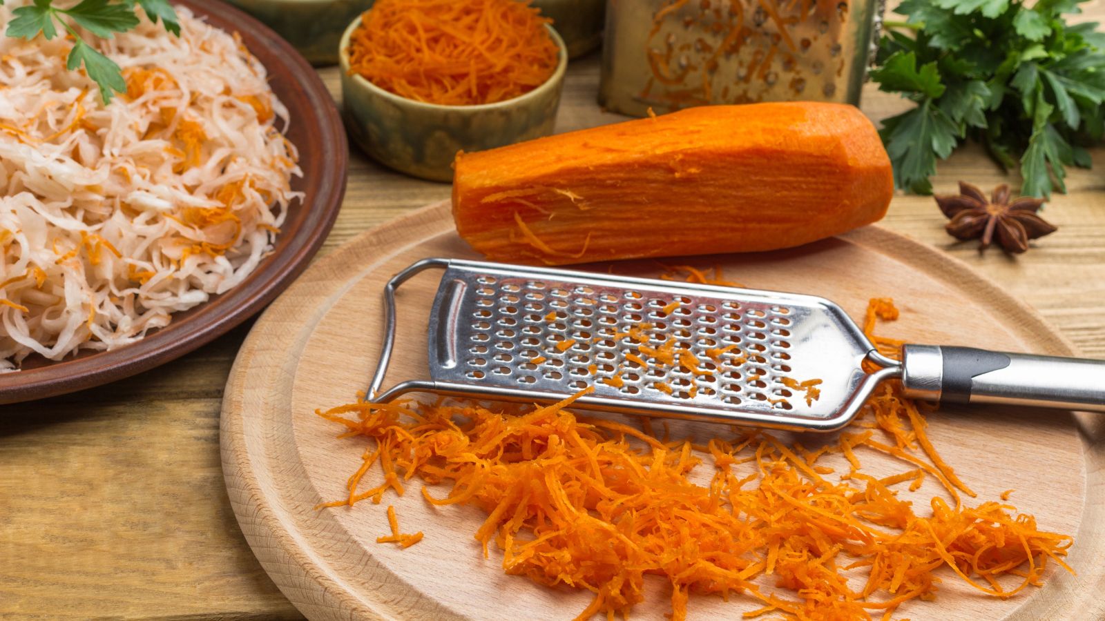A wooden table with brown plates containing shredded vegetables, appearing to have been done using a grater