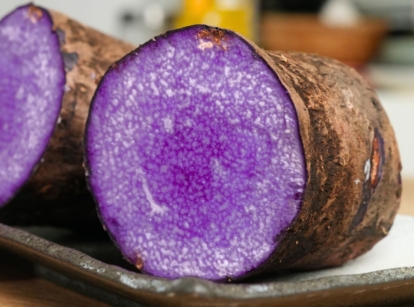 A close-up shot of a sliced, raw and uncooked root crop, placed on a small plate, called the dioscorea alata