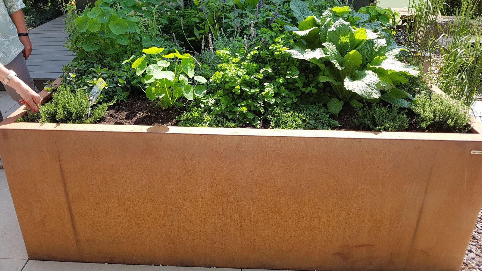 A close-up shot of a tall, bronze colored large container, filled with plants and flowers, placed on a stone pavement