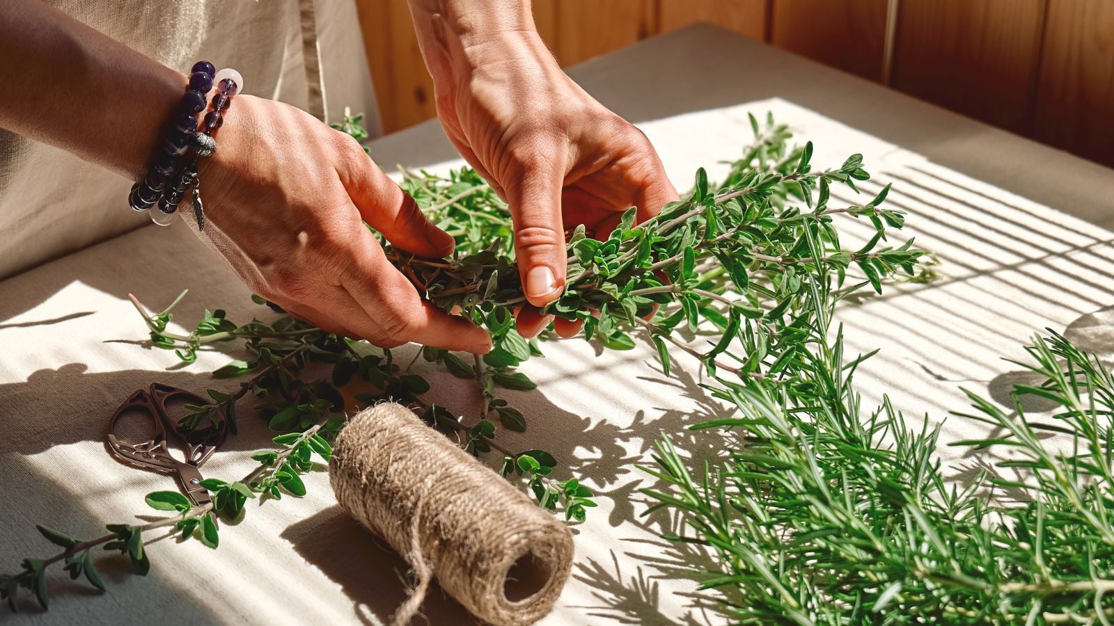 A close-up shot of a person in the process of tying herbs using a twine, preparing them for hang drying, all situated in a well lit area indoors