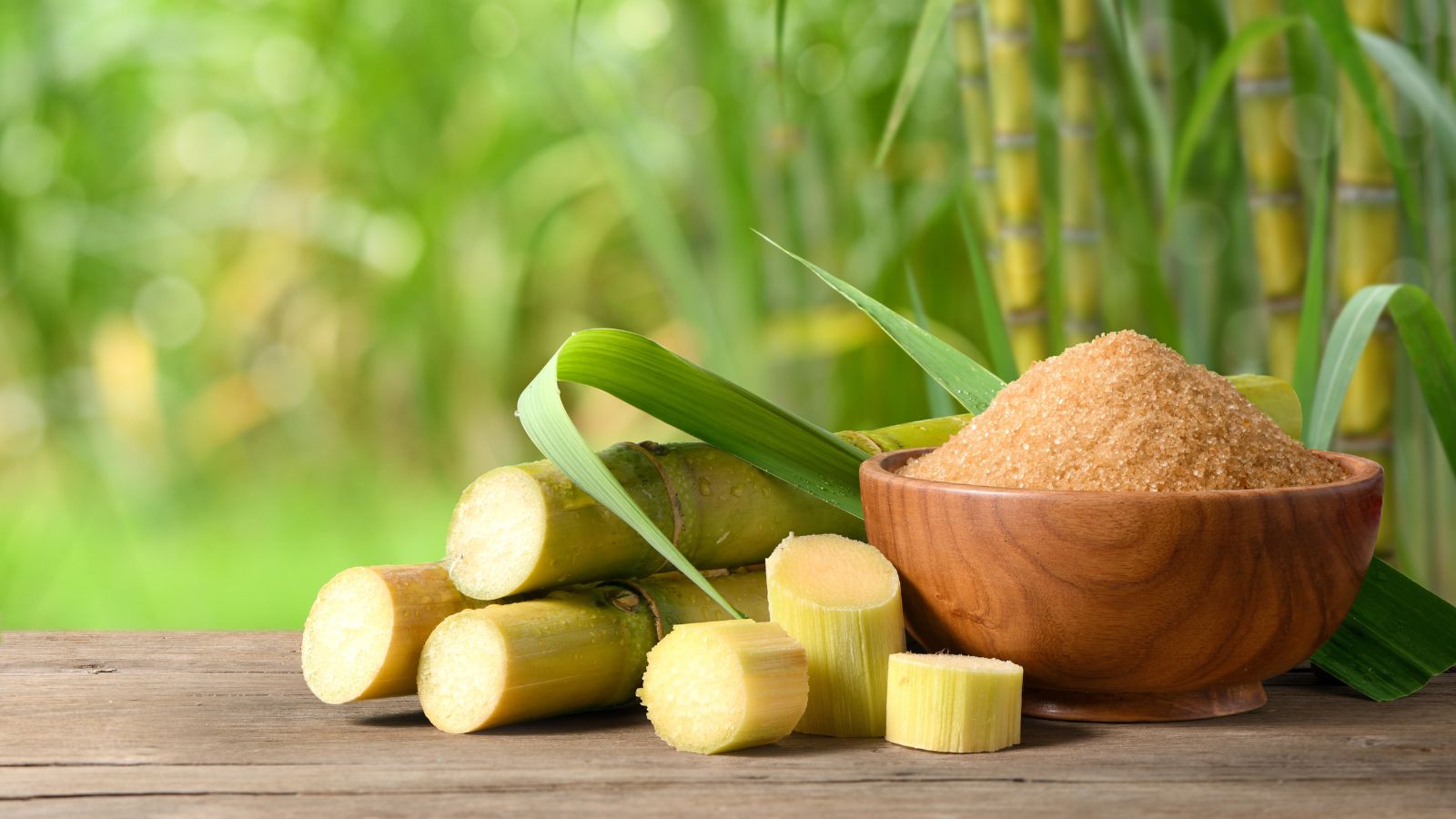 A shot of Saccharum officinarum cuttings beside a wooden bowl of sugar, all placed on a wooden table with various greens in the background