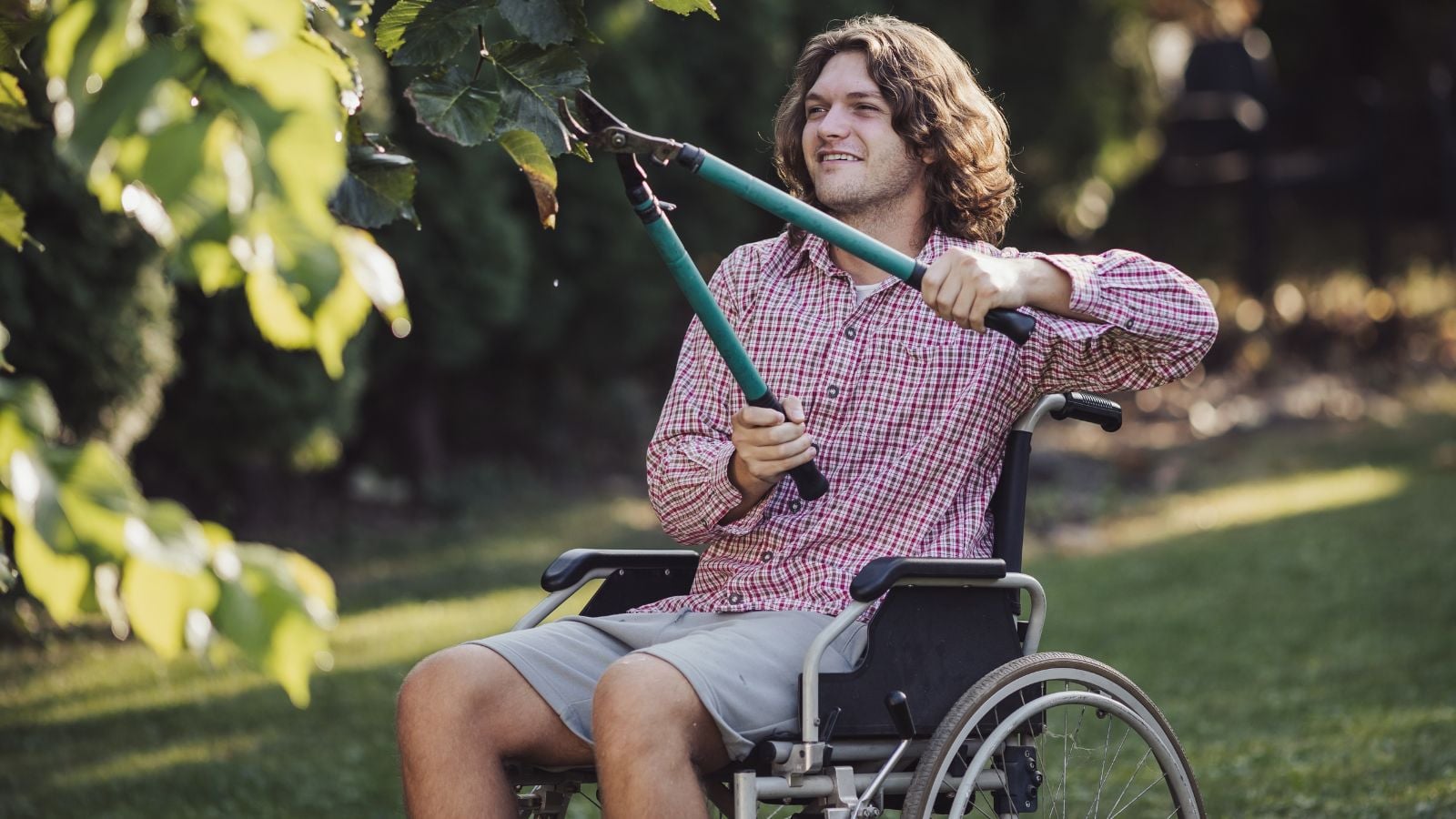 A person in the garden sitting on a wheelchair using a tool to trim foliage dangling overhead