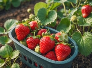 A close-up shot of several freshly harvested red colored crops alongside the same crops, showcasing what are strawberry companion plants