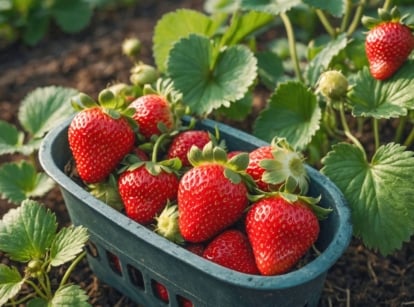 A close-up shot of several freshly harvested red colored crops alongside the same crops, showcasing what are strawberry companion plants