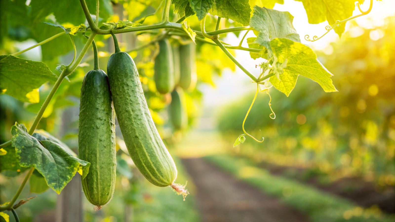 Long Cucumis sativus fruits hanging from large trellis ready for harvesting surrounded by leaves