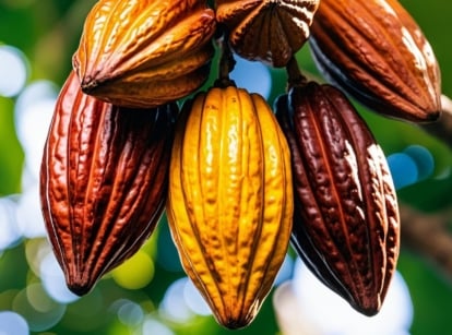 A closeup shot of a cacao tree having multiple pods appearing to be dangling from a woody branch in various colors, including brown and yellow