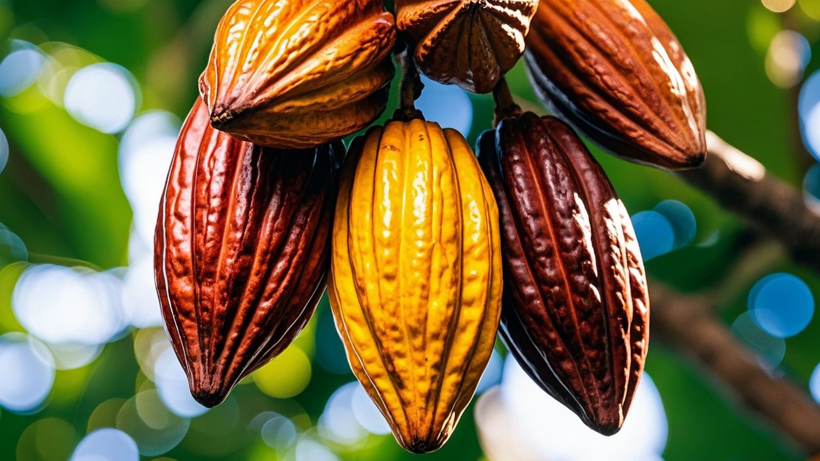 A closeup shot of a cacao tree having multiple pods appearing to be dangling from a woody branch in various colors, including brown and yellow