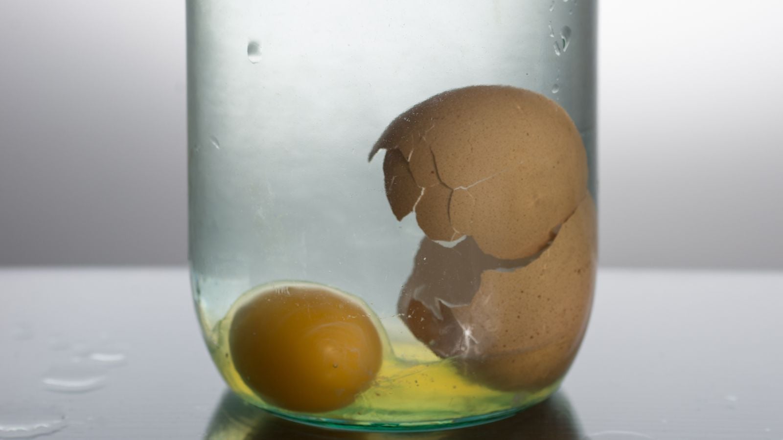 A cracked egg inside a glass jar filled with water, appearing to be placed on a white surface under a white light