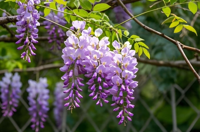 A close-up shot of dangling lilac-colored flowers on woody branches, alongside green leaves, showcasing invasive perennials