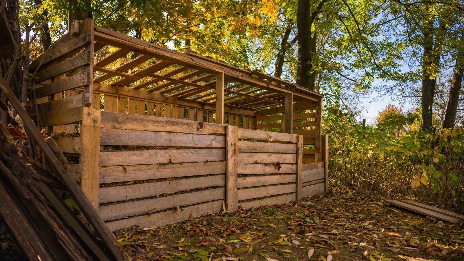 A lovely wooden DIY compost bin appearing to be placed somewhere with lots of dry leaves falling from many trees shading the bins from sunlight