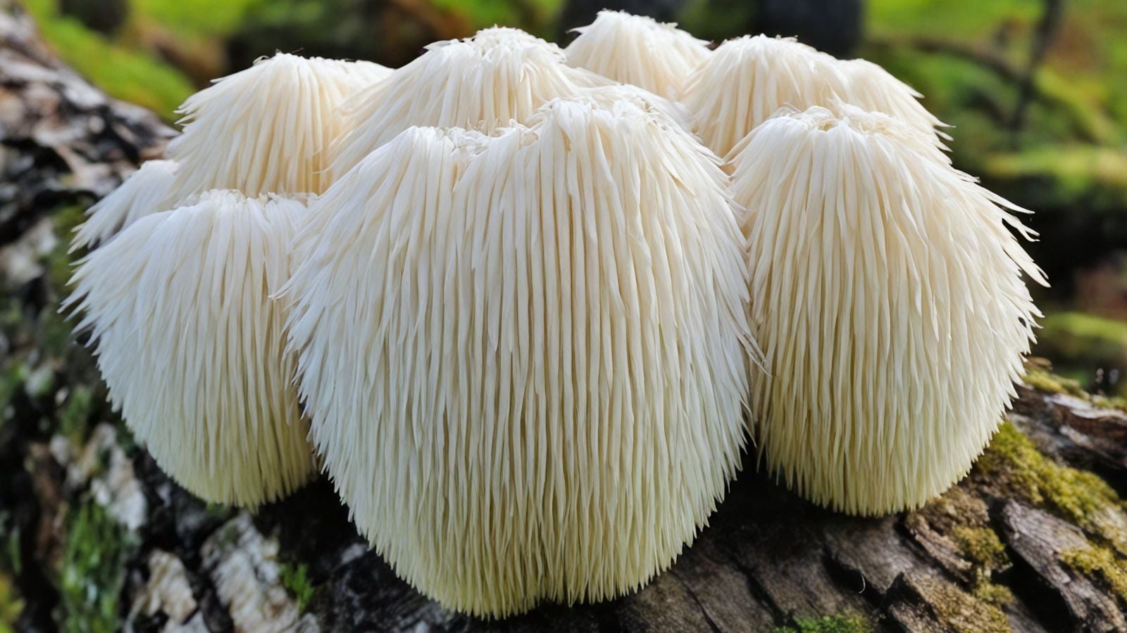 Growing lion's mane, appearing big and soft with a fluffy texture on a damp brown log developing somewhere with sunlight