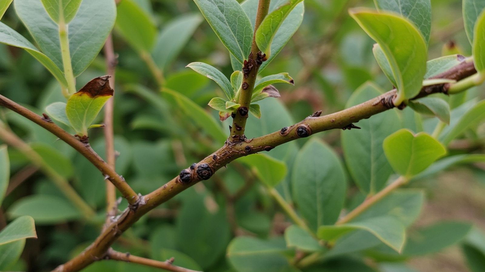 A shot of a brown lesions on a twig of a fruit-bearing shrub, showcasing the severity of the Phomopsis Twig Blight