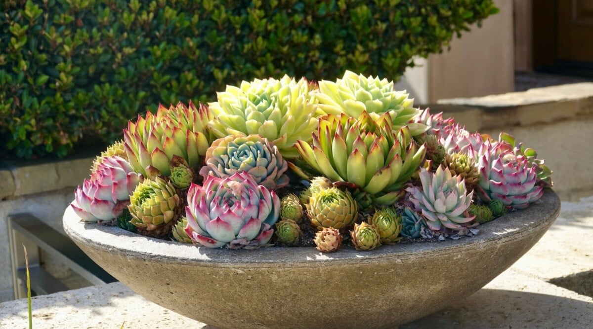 A cement pot houses a captivating variety of succulents. Their fleshy and thick leaves showcase a remarkable diversity of shapes and sizes, creating a vibrant tapestry of botanical beauty. The succulents display an array of colors ranging from majestic shades of purple to lush gradients of green, forming a stunning natural spectacle.