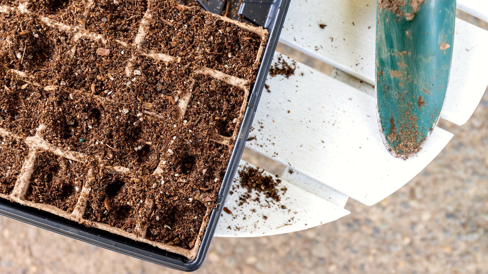 Seed Starter Kit Filled with Soil on a white table, outdoors. Close-up of a black plastic tray with peat starter trays. These peat trays have square, recessed cells filled with soil. There is a blue plastic garden shovel on the table.