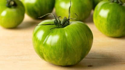 Close-up of a ripe 'Green Zebra' tomato on a wooden table, presenting a round, plump fruit with a thin, shiny green skin with dark green stripes.