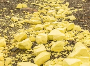 Close-up of yellow colored stones with a powdery texture scattered on top of soil.