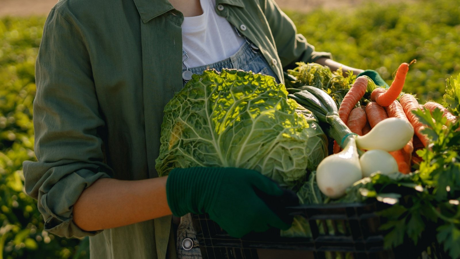 A woman holding a basket with freshly gathered vegetables