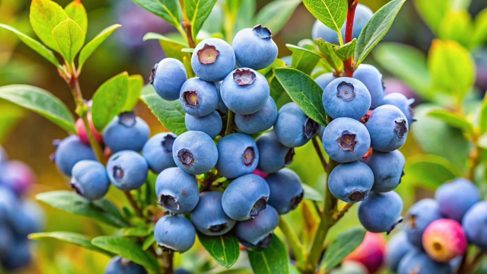 The bush showcases clusters of round, deep blue berries nestled among glossy green leaves with hints of red along the edges.