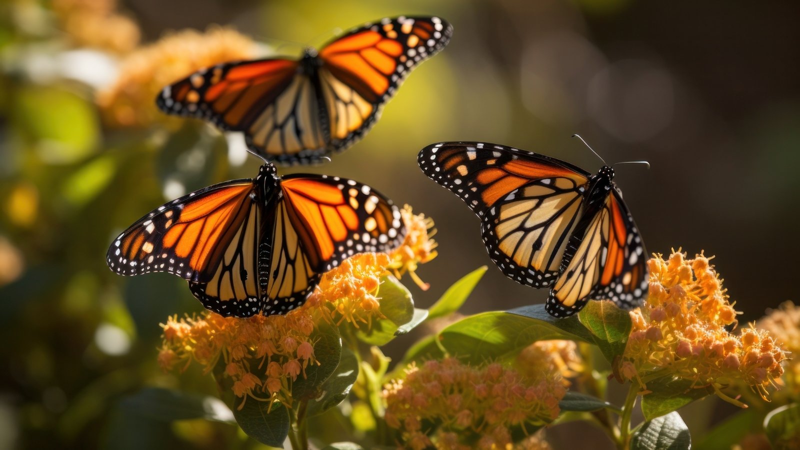 Monarch butterflies with vibrant orange and black wings flutter around milkweed plants adorned with clusters of delicate orange flowers.