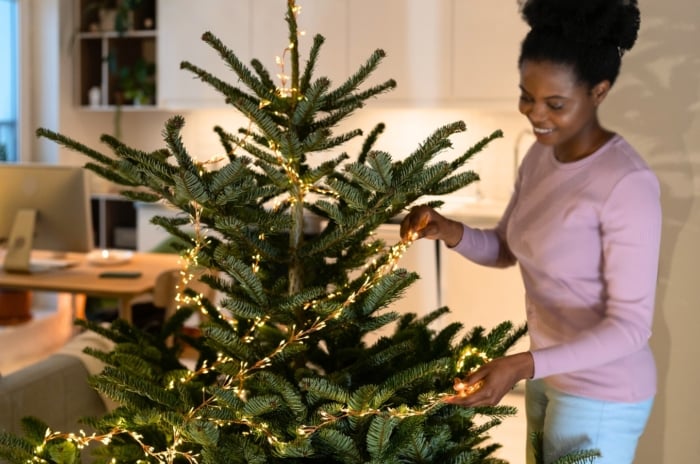An Afro-American woman decorates a lush Christmas tree with a non-heating LED garland carefully strung along the branches to keep the Christmas tree alive longer, in a bright room with a kitchen in the background.
