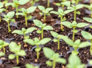 Close-up of a starting seed tray with young Snapdragon seedlings showing smooth oval cotyledons and emerging heart-shaped true leaves, sprouting in December.