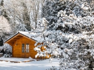 A wooden house with snow-covered trees and a white ground surrounding it.