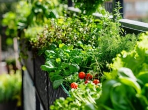 On the sunny balcony, various types of herbs and vegetables such as tomatoes, basil, lettuce, and others grow in hanging pots as lettuce companion plants