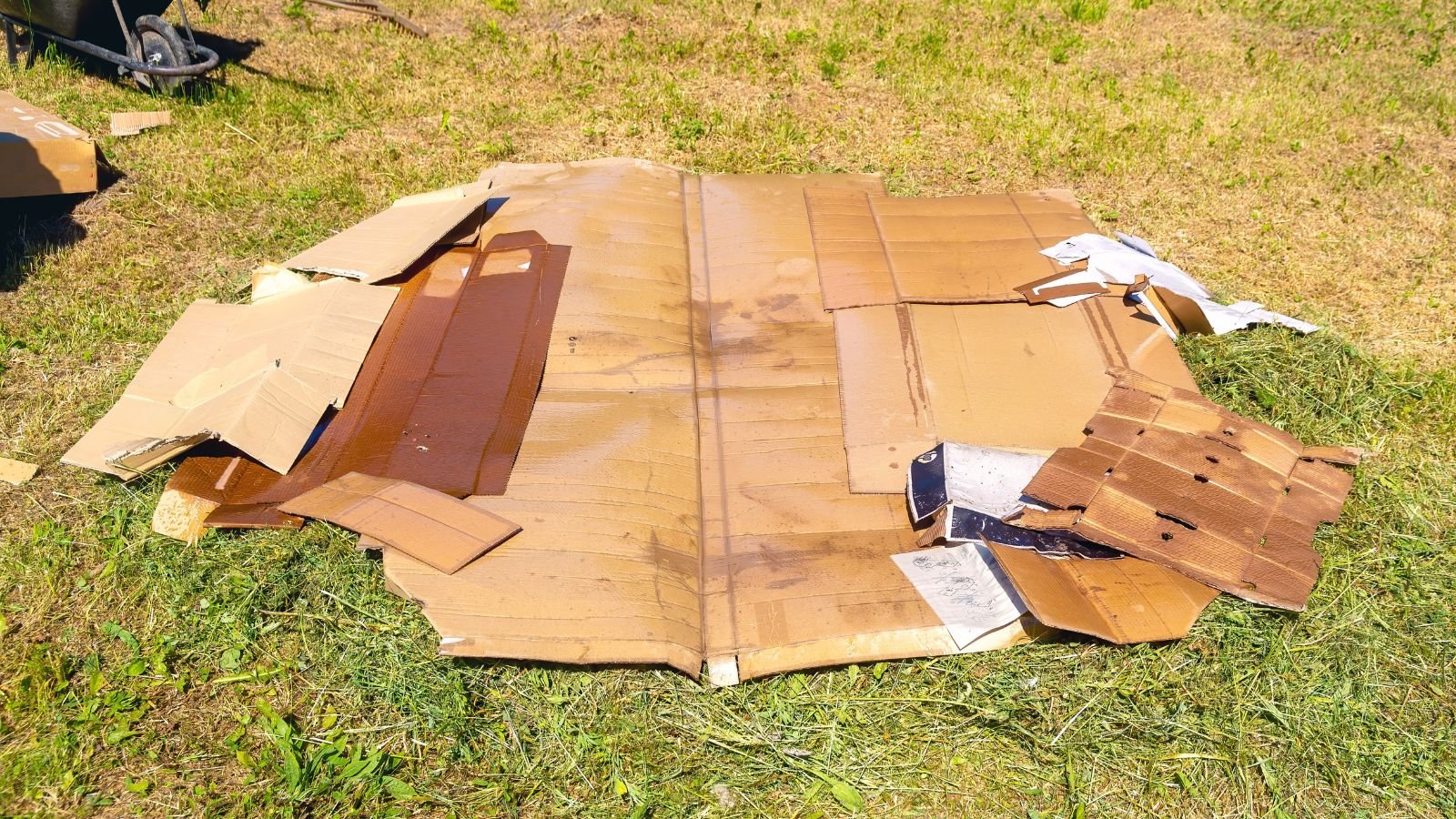 A shot of several layers of cardboard placed in a grass yard area outdoors