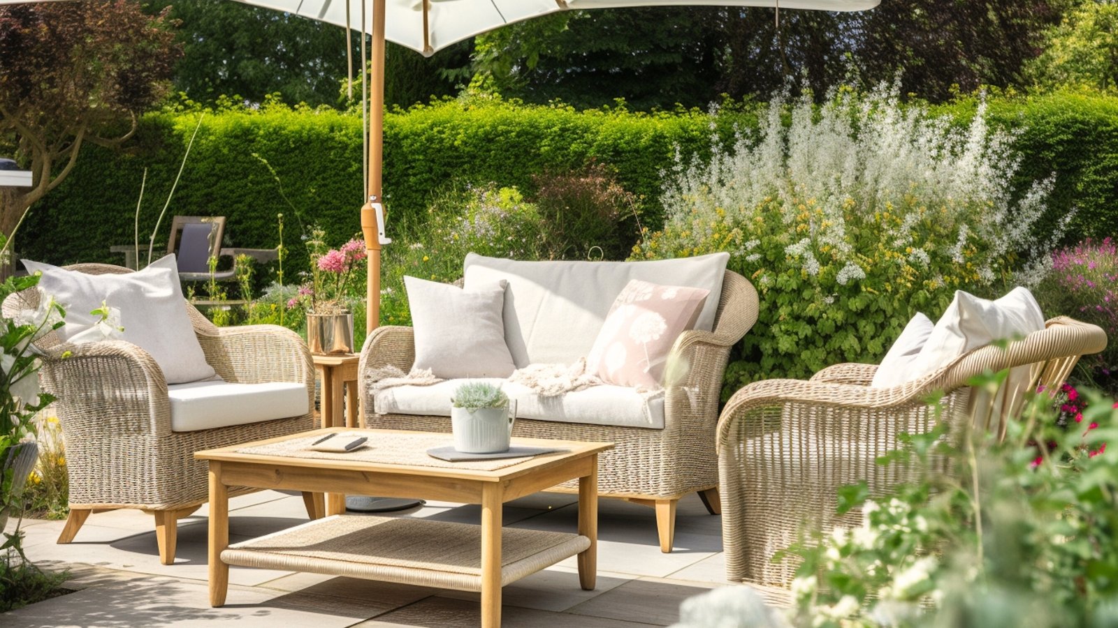 A secret garden patio with cozy light outdoor furniture including a sofa, two armchairs, a table and a large umbrella, among a variety of evergreens and flowering plants.