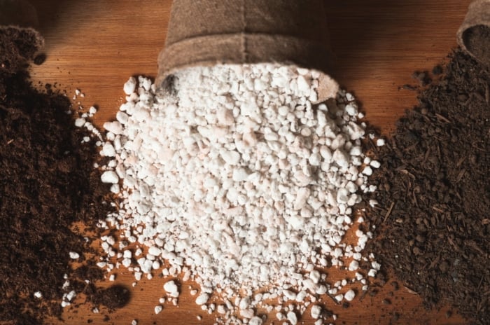 Perlite and its alternatives including compost and peat moss spilled out of peat pots on a wooden table.
