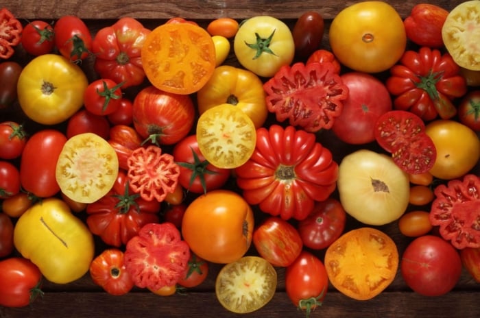 A close-up and overhead shot of a tray filled with several varieties of large fruits, showcasing the biggest tomato varieties