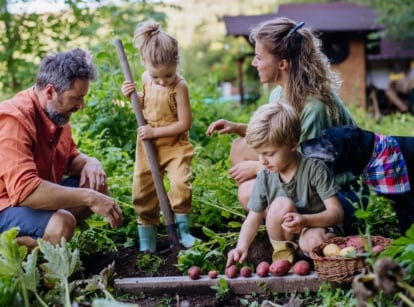 A family doing July garden tasks, involving kids when working in the garden under the summer sun