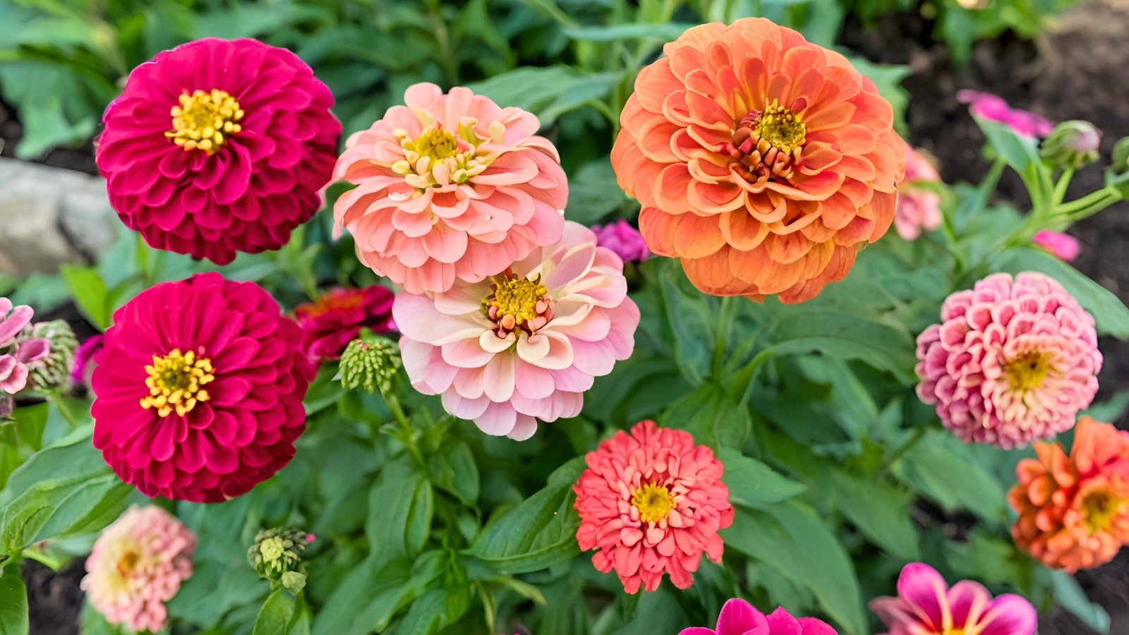 Large, fully double blooms in bright shades of pink, orange, and red top tall, sturdy green stems with lance-shaped leaves.