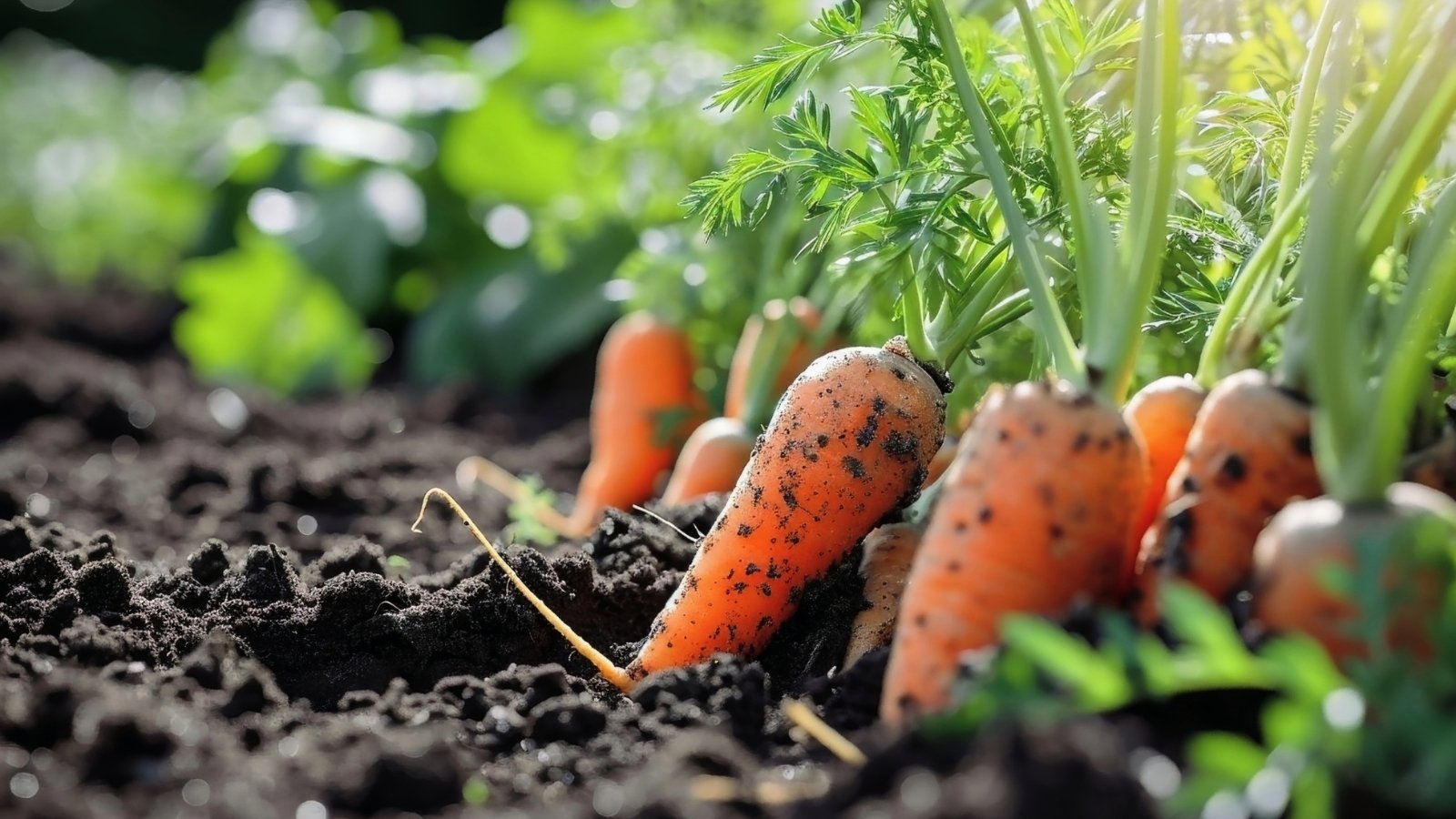 Close up of a bed of freshly pulled small orange carrot roots with green feathery foliage, in bright sunshine.