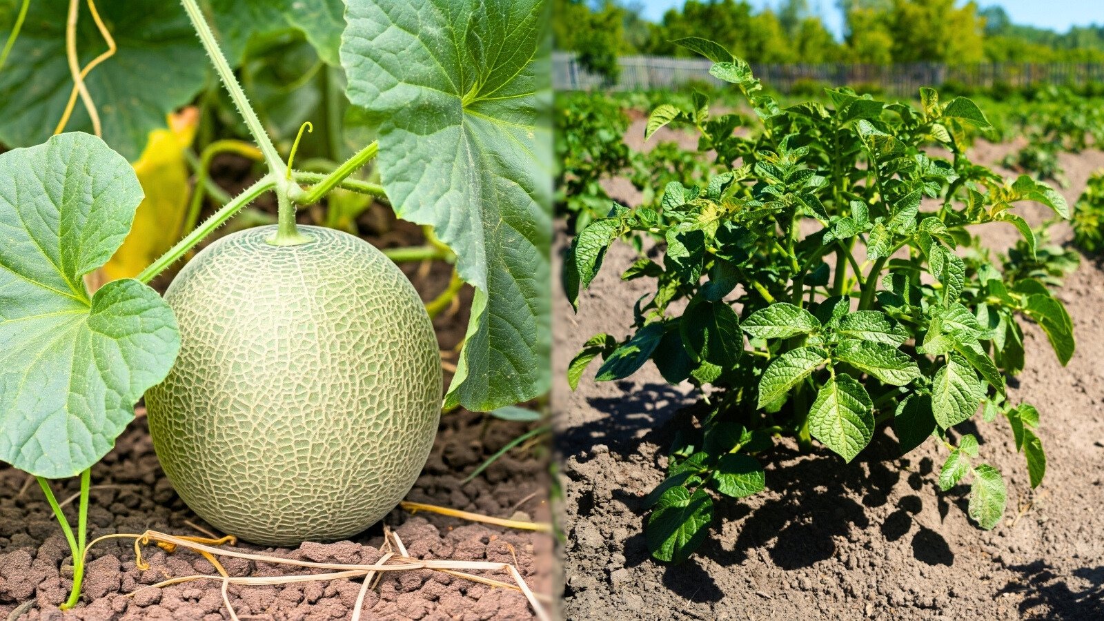 A ripe melon with netted skin nestles among broad green leaves on the soil, while a leafy potato bush grows upright in a garden bed.