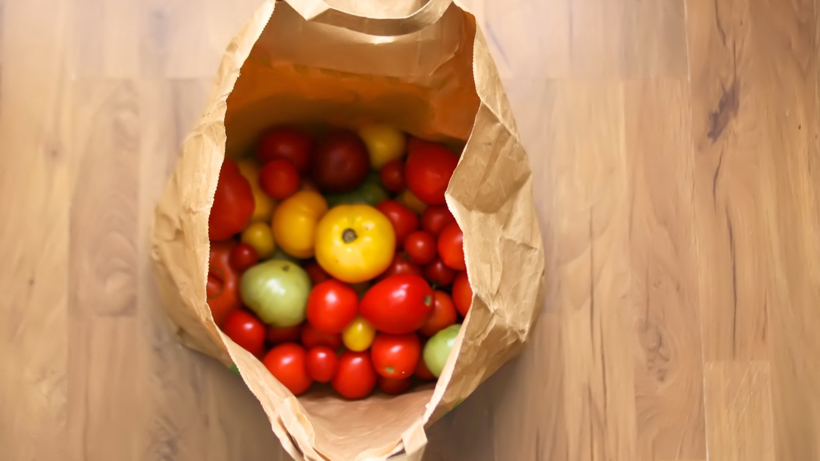 Top view of ripe red and unripe yellowish-green tomatoes in a brown paper bag.