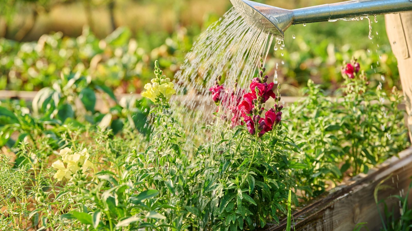 Watering Antirrhinum flowering plants with bright pink and yellow pea-like flowers in a bed among various plants using a metal watering can.