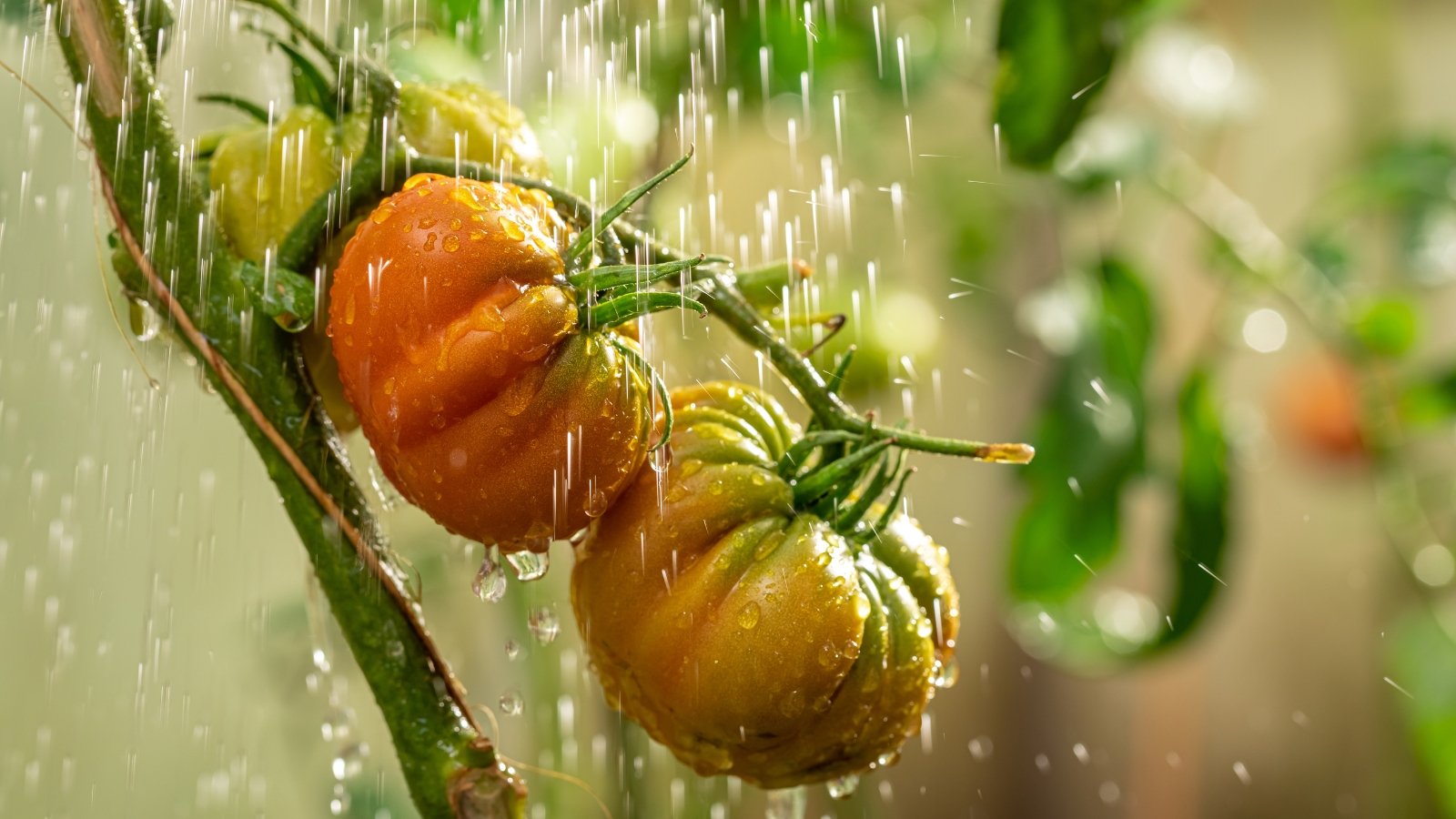 Close-up of streams of water pouring onto large, ripening tomatoes with slightly ribbed surfaces growing on a bush in a garden.