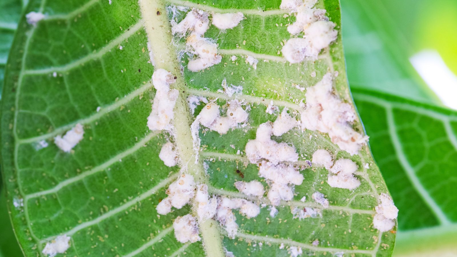 Whiteflies on a green leaf with prominent veins with other foliage in the background