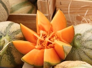 Wooden boxes hold ripe, fast-growing melons with pale green, netted, ribbed rinds, one cut open to reveal vibrant orange flesh above the others.
