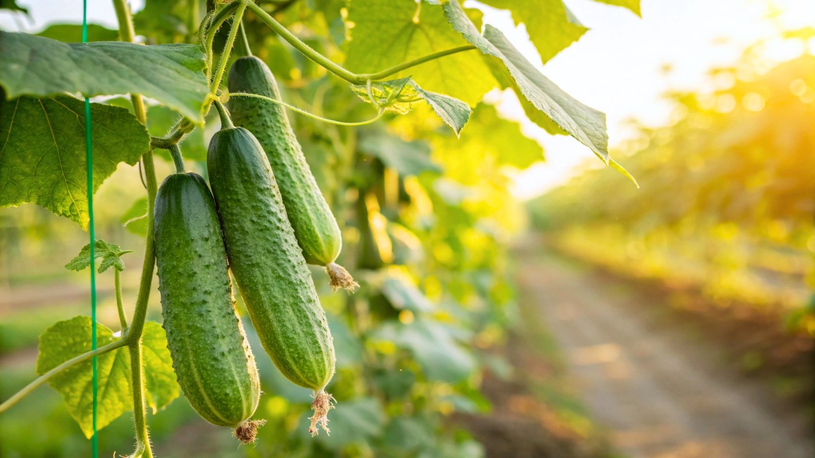 Close-up of ripening cucumbers, one of the heavy feeder veggies, featuring firm, elongated fruits with bumpy skin and tapered ends grow along vigorous vines with large, veined leaves and twisting tendrils.