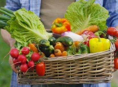 A close-up shot of a person holding a wicker basket filled with freshly harvested crops, showcasing when to plant fall garden crops