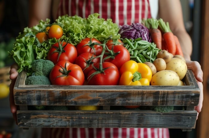 A close-up shot of a person holding a wooden crate filled with several freshly harvested crops, that shows how to grow giant vegetables