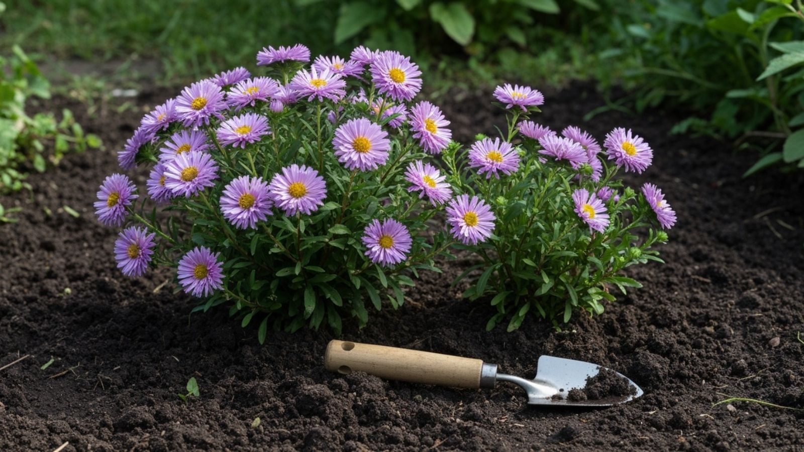 A close-up shot of a small composition of pink colored flowers beside a hand trowel placed in a well lit area outdoors