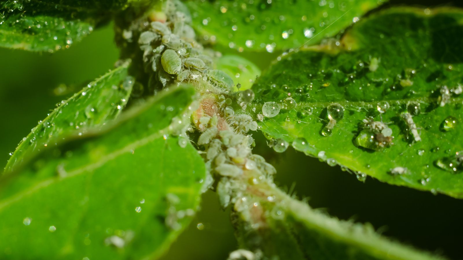 A close-up shot of a stem of a flowering plant, covered in droplets of water and a colony of Aphids