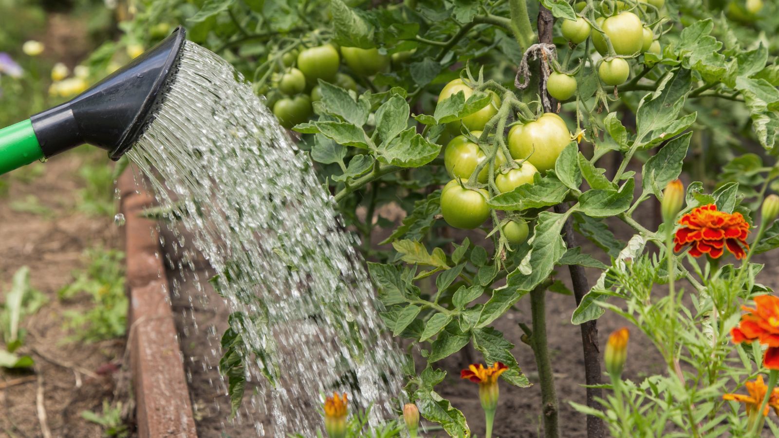A close-up shot of a watering can pouring water over developing crops