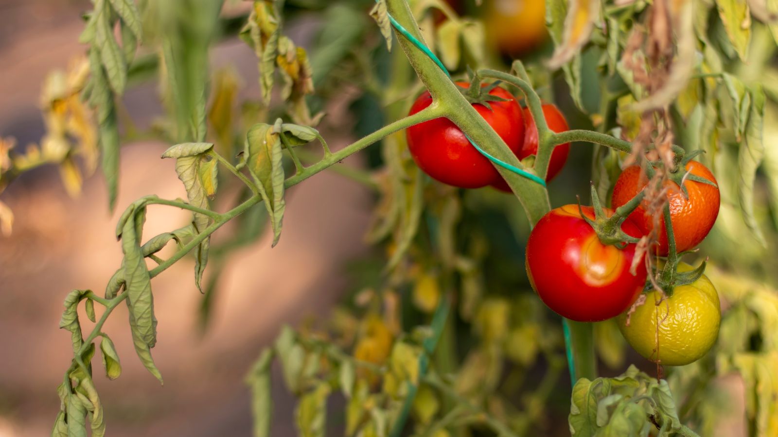 A close-up shot of several fruits and foliage lacking in essential microelements, showcasing tomato nutrient deficiency